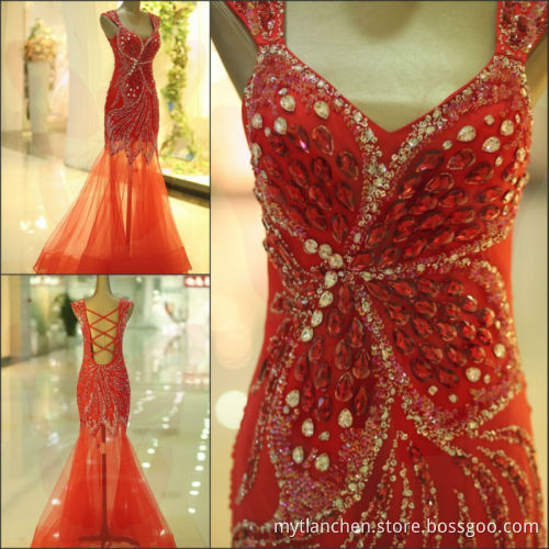 ME001 China Supplier Sexy Shoulders Open Back Mermaid Beads Crystal Dress Design Real Sample Evening Dresses Designer 2013